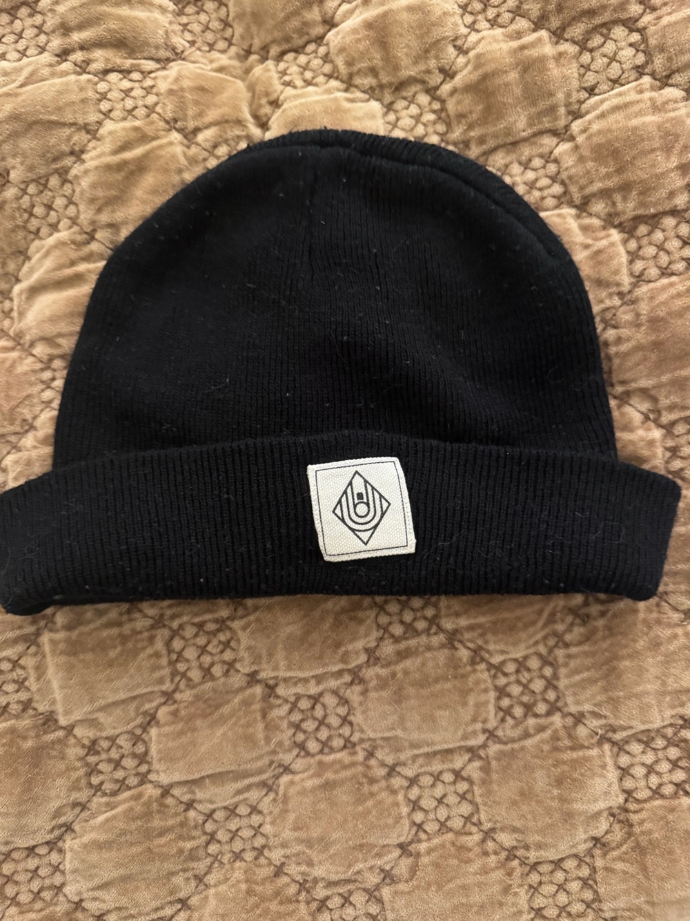 Vintage Black Knit Beanie with White Logo Patch